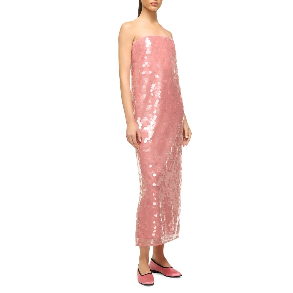 STAUD Casey Dress, Pink Sequin Maxi for Weddings